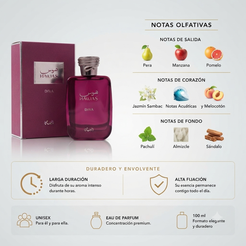 Rasasi Hawas Diva Eau de Parfum 100 ml para Mujer – Fragancia Floral, Frutal y Avainillada