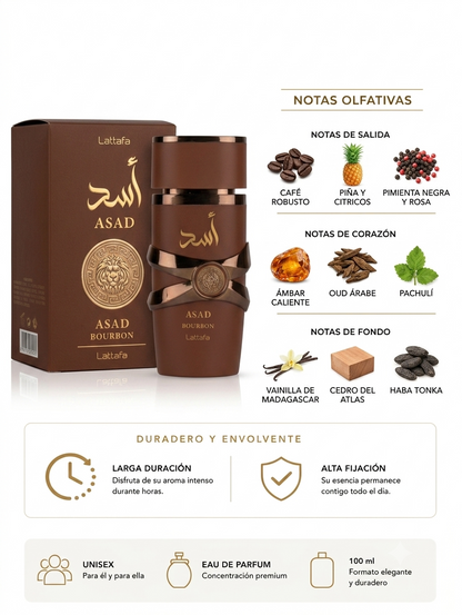 Asad Bourbon Lattafa Eau de Parfum 100 ml Unisex – Vainilla, Cacao y Ámbar